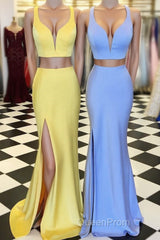 Two Piece Yellow-Blue Mermaid Long Evening Prom Dresses with Side Slit