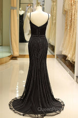 Mermaid Spaghetti Strap Black Beaded Formal Evening Dresses