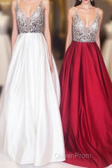 A-Line Spaghetti Straps Sequins Long Evening Prom Dresses