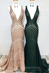 Sparkle Sequins V-Neck Mermaid Long Evening Prom Dresses
