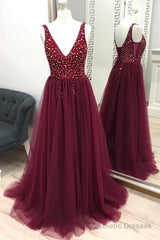V-Neck Beaded Long Tulle Burgundy Prom Dress