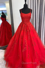 Princess Straps Long Evening Prom Dresses with Lace Appliques