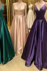 Simple A-Line Straps Satin Long Evening Prom Dresses