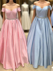 Elegant Off the Shoulder Satin Beaded Long Evening Prom Dresses