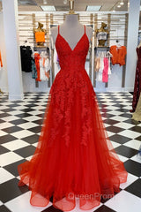 Elegant V Neck A-Line Red Appliqued Long Evening Prom Dresses