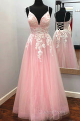 Elegant V Neck Lace-Up Back Pink Long Evening Prom Dresses with Appliques