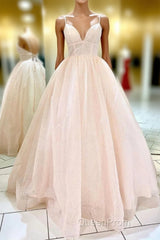 Elegant Straps Lace-Up Back Blush Long Evening Prom Dresses