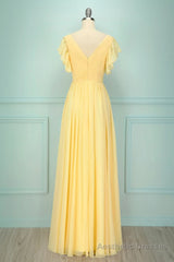 Elegant V Neck Pleated Yellow Bridesmaid Dress with Ruffles