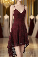 Spaghetti Strap High-Low Burgundy Lace Bridesmaid Dresses