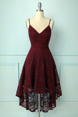 Spaghetti Strap High-Low Burgundy Lace Bridesmaid Dresses