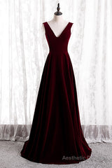 Burgundy V-Neck Velvet Formal Dress