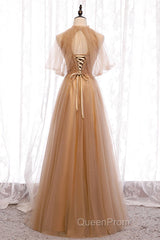 A-Line Beaded Champagne Tulle Bridesmaid Dresses