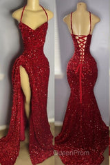 Red Sequins Evening Prom Dresses with Slit Shiny Floor-Length Party Dresses