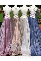 A-Line Sparkle Split Backless Evening Dresses Long Evening Prom Dresses With Pocket