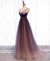 Simple V Neck Tulle Long Evening Prom Dresses, Tulle Evening Dresses