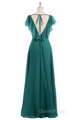 Wine Red Chiffon Backless Ruffled Sleeve Long Bridesmaid Dresses