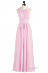 Pink Chiffon Halter Sleeveless A-Line Long Bridesmaid Dresses
