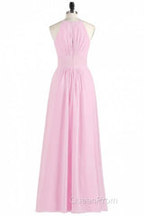Pink Chiffon Halter Sleeveless A-Line Long Bridesmaid Dresses