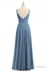 Simple Dusty Blue V-Neck Backless A-Line Long Bridesmaid Dress