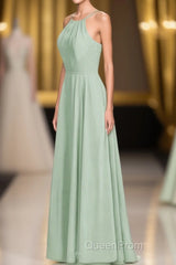 Sage Green Chiffon Halter A-Line Long Bridesmaid Dresses