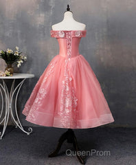Pink Tulle Lace Off Shoulder Short Evening Prom Dresses, Pink Homecoming Dresses