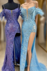 Sequin Feather Cold-Shoulder Mermaid Long Evening Prom Dresses with Slit