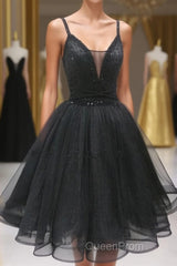 Black Tulle Beads Short Evening Prom Dresses, Black Homecoming Dresses