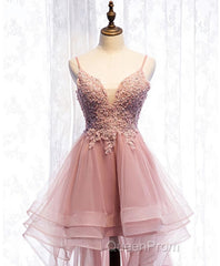 Pink Tulle Lace High Low Evening Prom Dresses, Pink Homecoming Dresses, 1