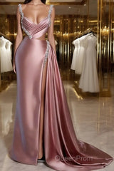 Glamorous Pink Evening Prom Dresses Sweetheart Spaghetti Strap With High Slit Trail