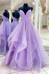 Purple V Neck Sleeveless A Line Tulle Sequin Evening Prom Dresses