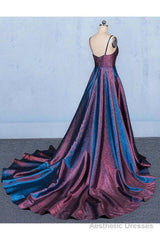 A Line V Neck Sleeveless Prom Dress, Spaghetti Straps Long Evening Dresses