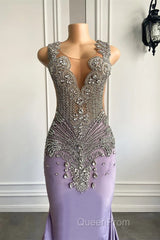 Lilac Mermaid Evening Prom Dresses with Scoop Neckline Sleeveless and Crystal Beadings