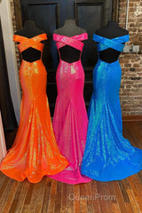 Off the Shoulder Orange Mermaid Long Evening Prom Dresses