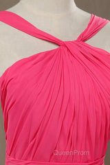 Neon Pink Halter Knee Length Bridesmaid Dresses