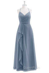 Dusty Blue Chiffon Halter Backless Ruffled Long Bridesmaid Dresses