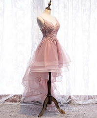 Pink Tulle Lace High Low Evening Prom Dresses, Pink Homecoming Dresses, 1