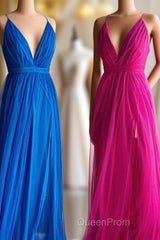 A-line V-Neck Pleated Tulle Long Bridesmaid Dresses with Slit