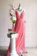 A-line V-Neck Pleated Tulle Long Bridesmaid Dresses with Slit