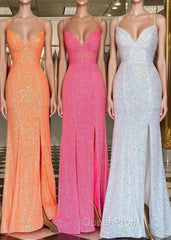 Stunning Straps Sequined Mermaid Long Evening Prom Dresses