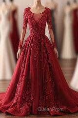 Burgundy Lace Satin Long Evening Prom Dresses, Burgundy Lace Evening Dresses