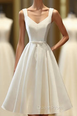 Simple V Neck White Short Evening Prom Dresses, White Homecoming Dresses