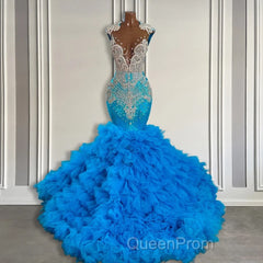 Ocean Blue Mermaid Tulle Ruffle Evening Prom Dresses Long With Beadings