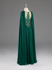 Dark Green A-Line Lace Appliques Chiffon Evening Prom Dresses