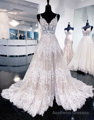 A-Line Spaghetti Straps Court Train Wedding Dress With Appliques