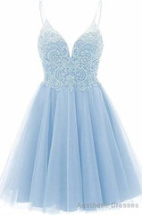 A-line Straps Appliques Tulle Short Homecoming Dresses