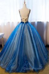 UniqueDressess Puffy V Neck Organza Applique Modest Evening Prom Dresses Evening Dresses