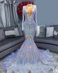 Hot Sparkle Sequin V neck Long sleeves Mermaid Evening Prom Dresses