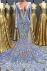 Hot Sparkle Sequin V neck Long sleeves Mermaid Evening Prom Dresses