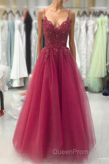 Wine Red Tulle Straps Lace Applique Long Formal Dresses, Wine Red Evening Prom Dresses