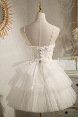 Ivory Spaghetti Straps Sequins Ball Gown Lace Appliques Short/Mini Homecoming Dresses